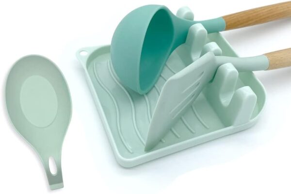 2 Pack Multiple Utensil Spoon Rest with Drip Pad Non-Slip Heat Resistant Kitchen and Grill Spoon Holder for Spatula, Ladle, Tongs, Kitchen Gadgets, and Cooking Accessories (Light Green)