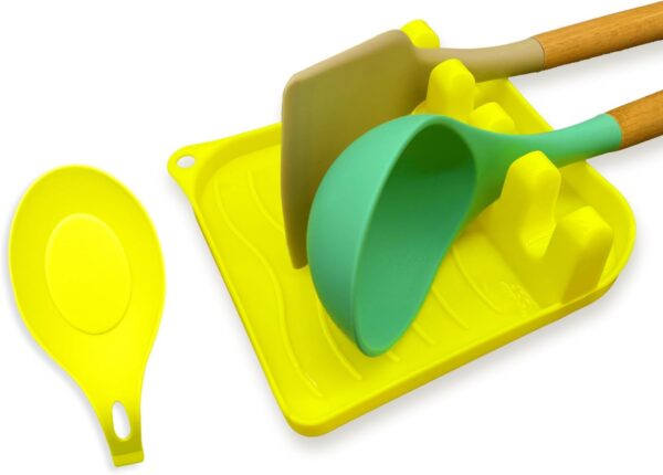 2 Pack Multiple Utensil Spoon Rest with Drip Pad Non-Slip Heat Resistant Kitchen and Grill Spoon Holder for Spatula, Ladle, Tongs, Kitchen Gadgets, and Cooking Accessories (Lemon Yellow)