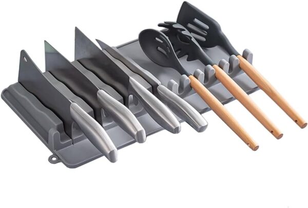 Kitchen Knife Storage and Utensil Holder, Non-Slip Drawer or Countertop Organizer with Knife Slots and Cooking Rack, Washable Knife Holder Paired with Multiple Spoon Rests, Gray