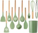Avocado Green Silicone Kitchenware Cooking Utensils Set Non-Stick Cookware Spatula Egg Beaters Wooden Handle Kitchen Tool Set (Color : A)
