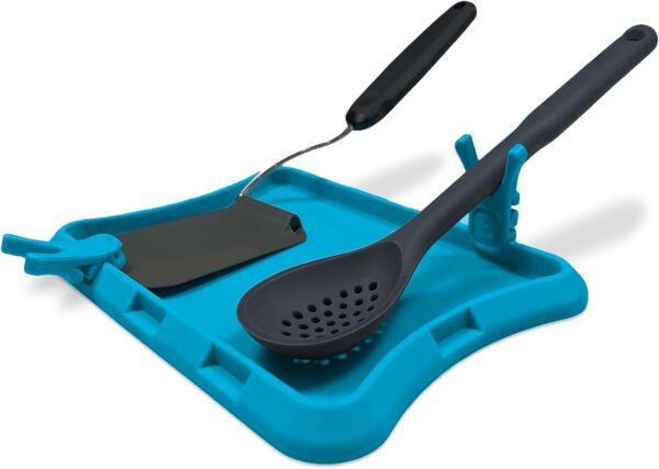 Silicone Spoon Rest for Stove Top - Kitchen Spoon Rest for Countertop, Ladle Holder, All in 1 Serving Station, Elevate Handles, Drip to Tray, Mess Free - 3PC Set No Trivet - Blue