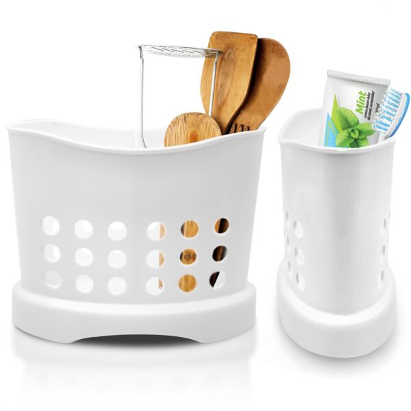 White Utensil Holder for Kitchen Counter - 2 Divided Basket Sink Utensil Holder Toothbrush Holders Fork and Spoon Organizer Bathroom Caddy - White Plastic Utensil Crock Bathroom Toothbrush Holder