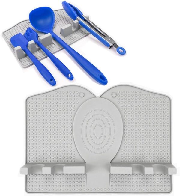Silicone Utensil Rest, Large Kitchen Spoon Rest with Drip Pad for Multiple Utensils, Heat-Resistant, BPA-Free Spoon Rest, Spoon Holder, Kitchen Utensil Holder for Spoons, Spatulas, Ladles, Tongs -Grey
