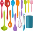 14 Pcs Cooking Utensils Set with Holder, Silicone Kitchen Cookware Utensils Set, Heat Resistant Cooking Gadget Tools Includes Spatula Spoon Turner Whisk Tong, Dishwasher Safe, Colorful