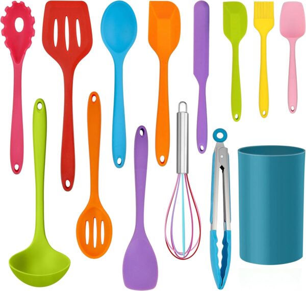 14 Pcs Cooking Utensils Set with Holder, Silicone Kitchen Cookware Utensils Set, Heat Resistant Cooking Gadget Tools Includes Spatula Spoon Turner Whisk Tong, Dishwasher Safe, Colorful