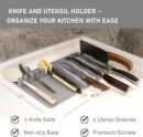 Kitchen Knife Storage and Utensil Holder, Non-Slip Drawer or Countertop Organizer with Knife Slots and Cooking Rack, Washable Knife Holder Paired with Multiple Spoon Rests, Gray