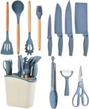 Cooking Utensils Set, 12Pieces Kitchen Utensil Set with 5 Pieces Silicone Spatula Set 4 Piece Knife Set with Scissors and Block, Sharp Stainless Steel Knife Block Set and Kitchen Tool Set (Blue)