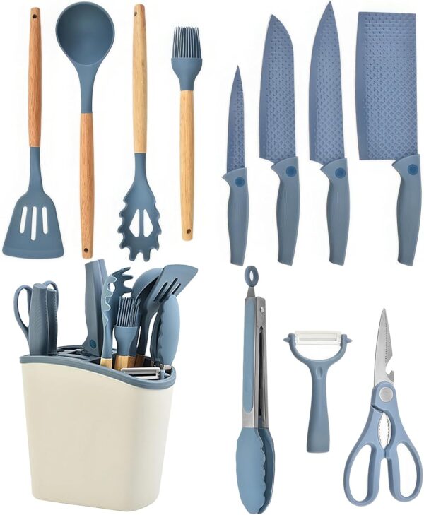 Cooking Utensils Set, 12Pieces Kitchen Utensil Set with 5 Pieces Silicone Spatula Set 4 Piece Knife Set with Scissors and Block, Sharp Stainless Steel Knife Block Set and Kitchen Tool Set (Blue)