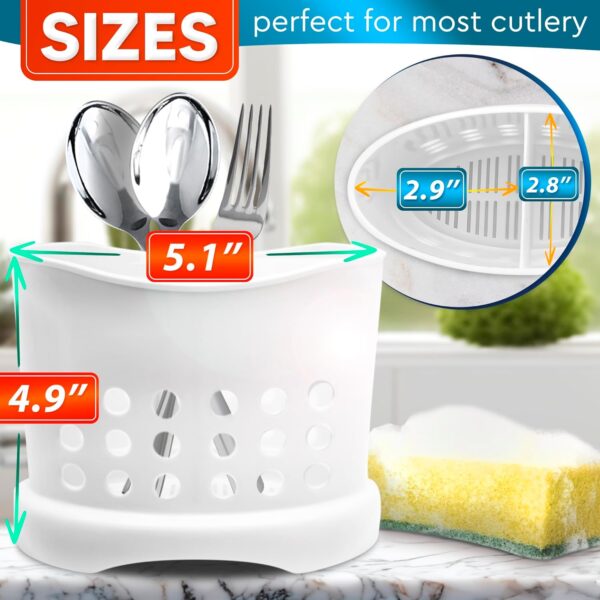 White Utensil Holder for Kitchen Counter - 2 Divided Basket Sink Utensil Holder Toothbrush Holders Fork and Spoon Organizer Bathroom Caddy - White Plastic Utensil Crock Bathroom Toothbrush Holder - Image 2