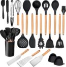 20 PCS Kitchen Utensils Set with Holder, Silicone Cooking Utensil Set Plus Metal Spatulas, Kitchen Gadgets Tools with Spatulas, Turners, Spoons, Tongs, Wooden Handle, Black