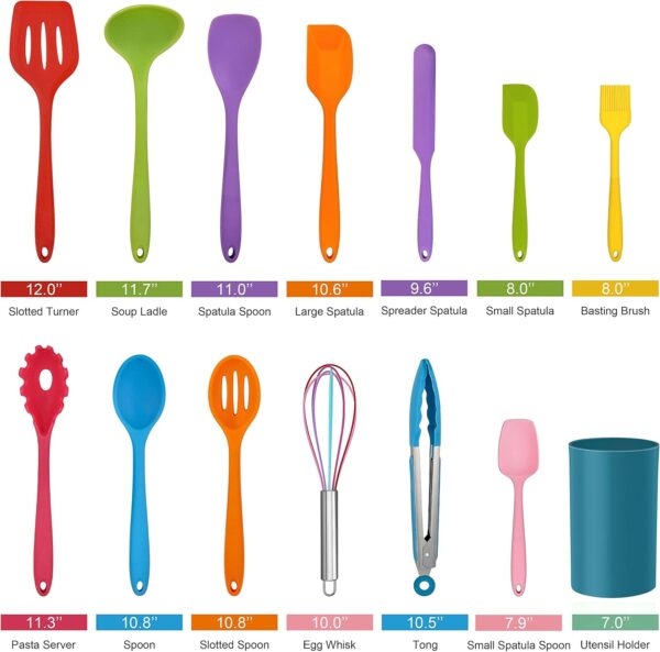14 Pcs Cooking Utensils Set with Holder, Silicone Kitchen Cookware Utensils Set, Heat Resistant Cooking Gadget Tools Includes Spatula Spoon Turner Whisk Tong, Dishwasher Safe, Colorful - Image 2