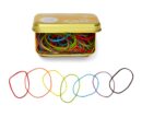 vibrant rubber bands in metal container