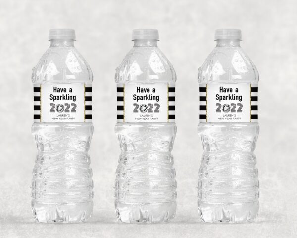 New Year Water Bottle Labels Sparkling Gold Black Set of 10