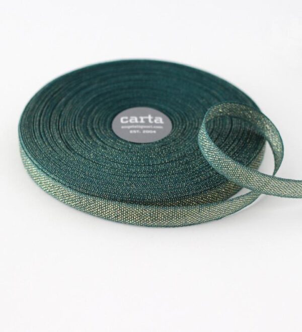 shimmering open weave fabric strip emerald gold