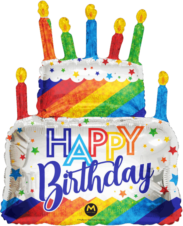 Large multi-colored birthday cake balloon with candle
