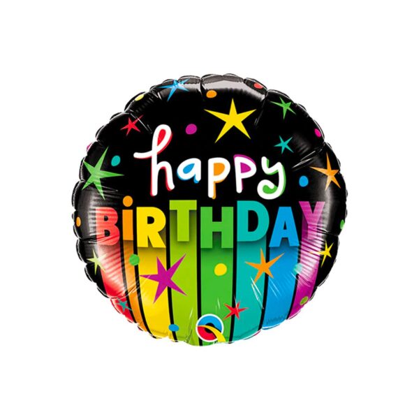 birthday foil balloon with rainbow, black stripes and stars